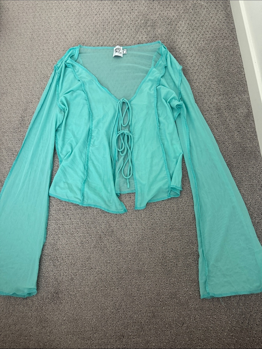 Princess Polly Aqua Tie-Front Mesh Long Sleeve Top